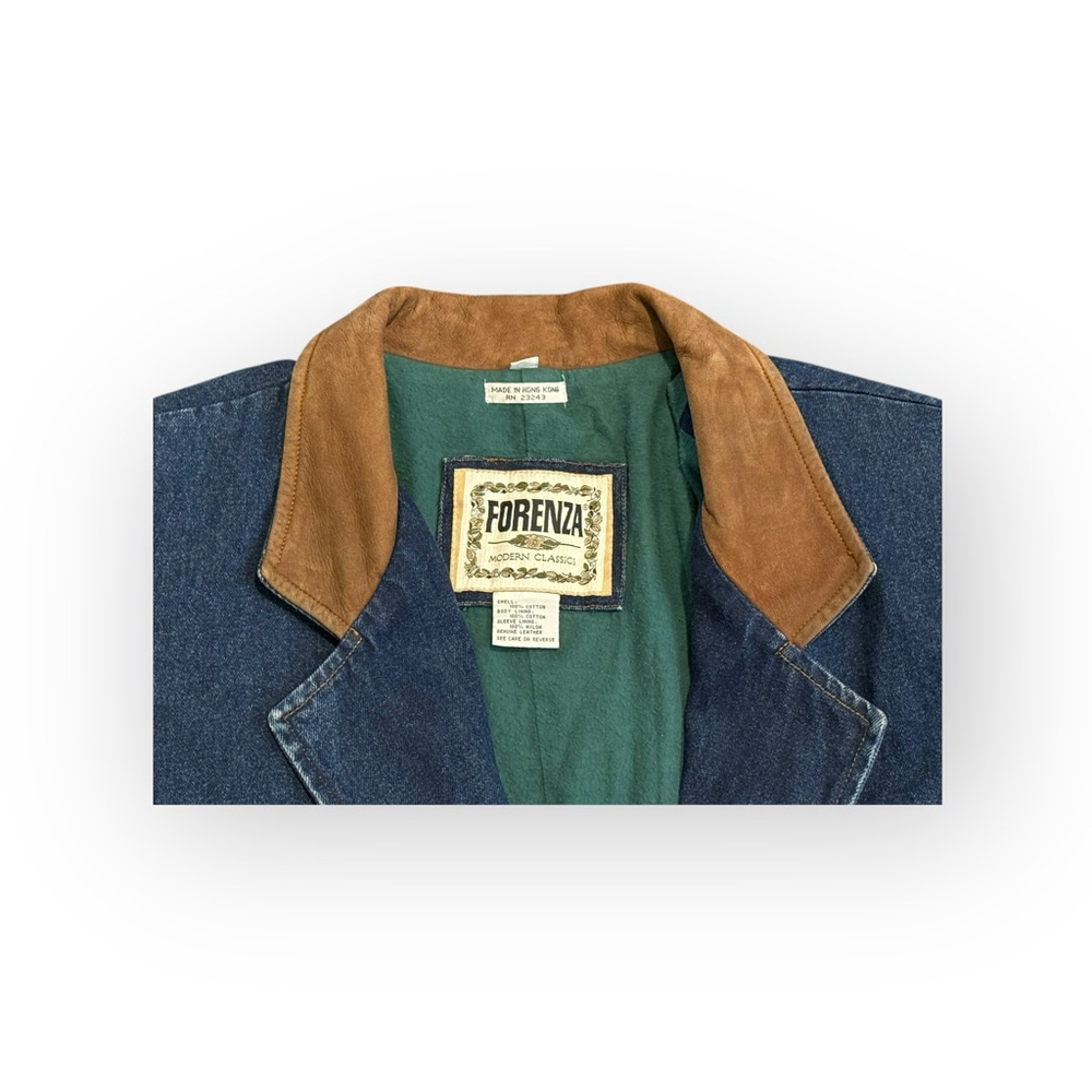 Vtg 80s Forenza Women’s Denim Blazer Tan Suede Collar Accents Jacket Sz M Lined - Picture 4 of 11